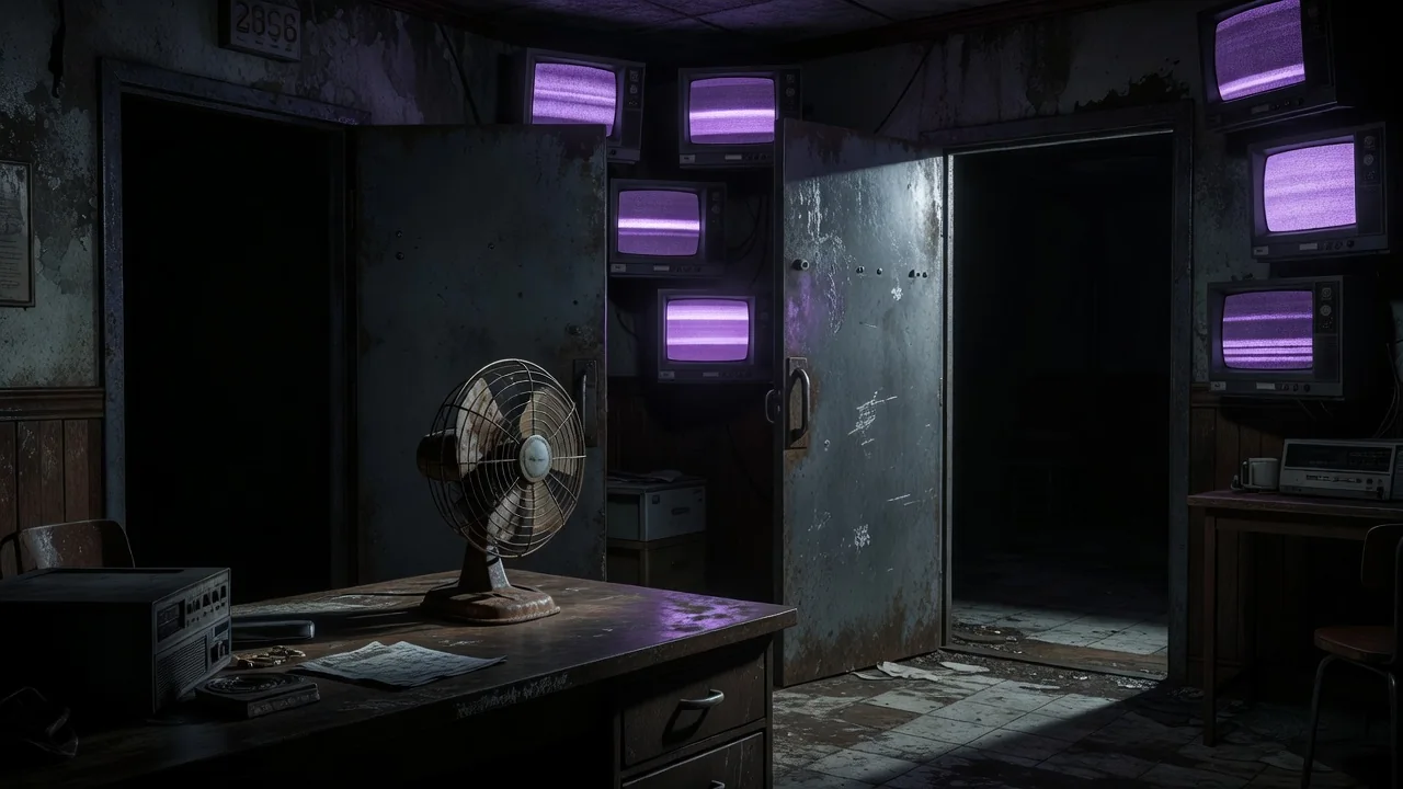 Oficina de seguridad en Five Nights at Freddy's con puertas y monitor